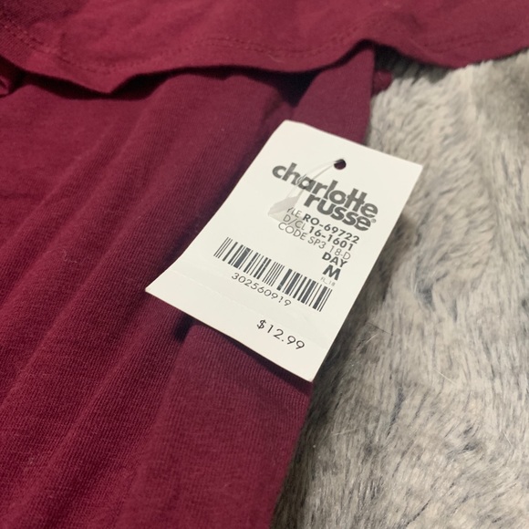 Burgundy Off the Shoulder Bodysuit with Ruffle Top - Picture 3 of 7